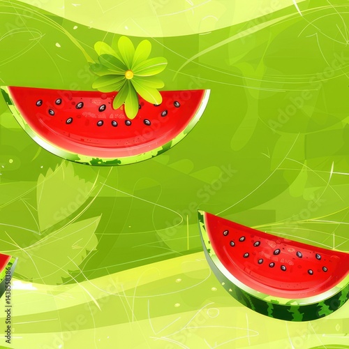 Two refreshing watermelon slices with a flower on green background