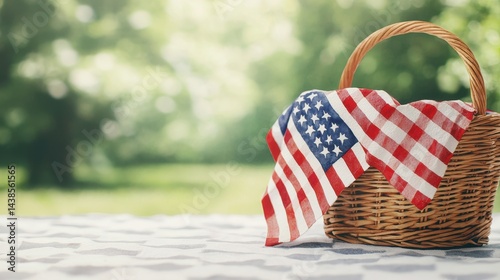 A picnic basket with an American flag cloth sits on a table outdoors with a green, blurred background.