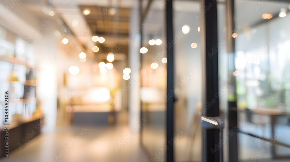 Fototapeta premium Blurry office interior scene with open door modern workspace contemporary design inviting environment