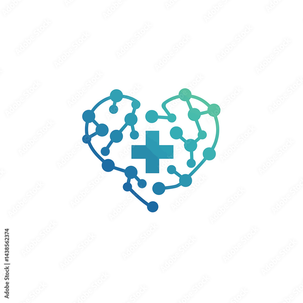 Obraz premium Medical Logo Featuring Abstract Molecular Network Forming Heart Shape with Integrated Cross Symbol in Gradient Blue-Green Tones for Health and Wellness Brands