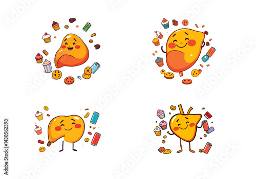 Whimsical vector set featuring a happy anthropomorphic liver character surrounded by colorful sweet treats. Fun and playful medical illustration perfect for children's health education, diet awareness