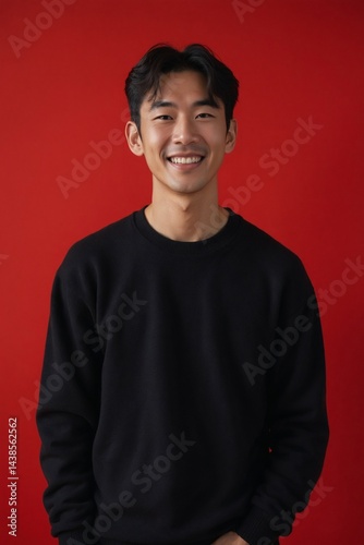Positive Japanese Adult Man in Black Top Smiling Against Vibrant Red Studio Wall