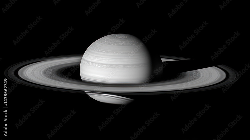 Monochrome image of Saturn, its rings, and shadow. Monochrome image of Saturn, its rings, and shadow.