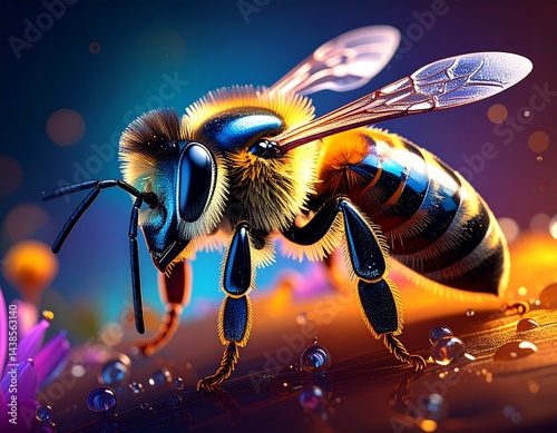macro shot of honey bee, vivid colors, water drops, closeup, vibrant, rainforest photo