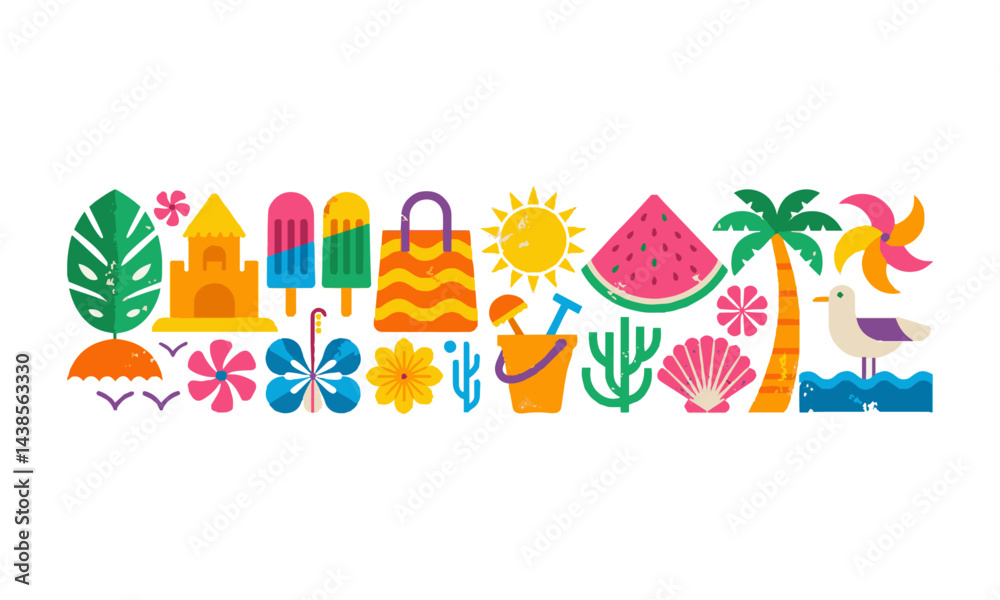 Fototapeta premium Modern flat vector illustration featuring of summer-themed icons, easily editable.