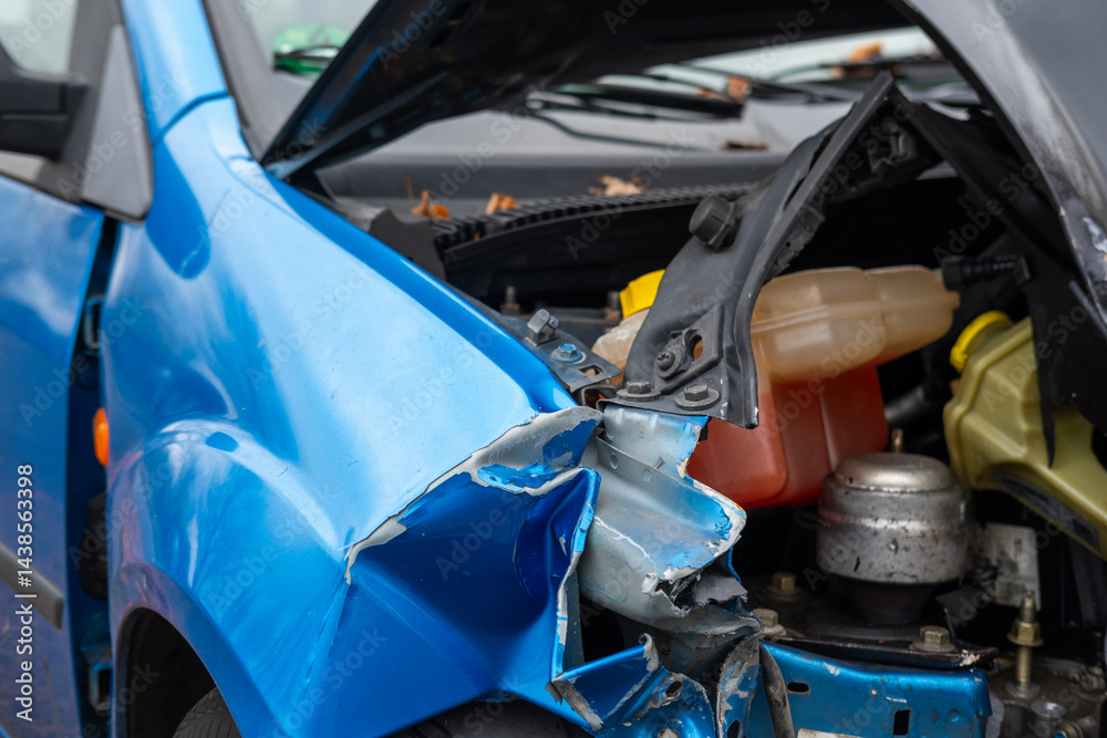 Fototapeta premium heavily damaged car with crumpled hood and exposed engine, aftermath collision, crash scene, with visible damage to front end