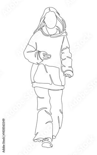 Young woman walking holding phone. Front view. Linear drawing isolated on white background. Vector illustration in line art style.