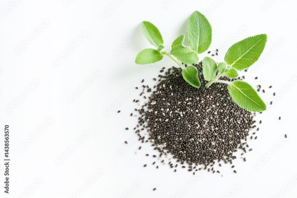 Naklejka premium Nutritious chia seeds nestled beside vibrant sage leaves a healthy and natural food image with bright lighting and clean white