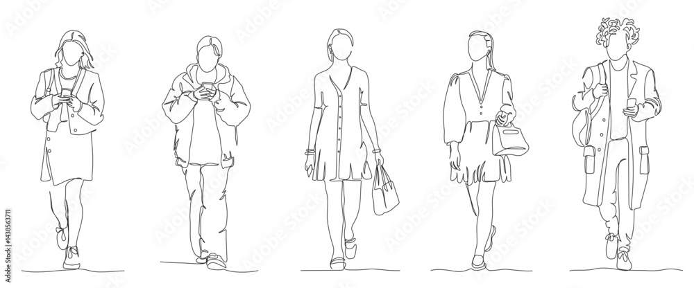 People walking set. Front view. Continuous line drawing elements. Black and white vector illustration in line art style.