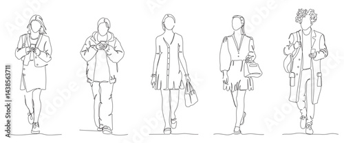 People walking set. Front view. Continuous line drawing elements. Black and white vector illustration in line art style.