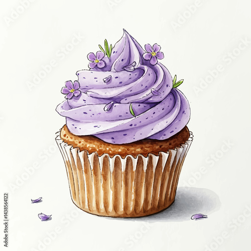 Watercolor Cupcake Sketch with Lavender Frosting and Edible Flower Garnish in Soft Color Bleeds and Pencil Texture on White Paper Background