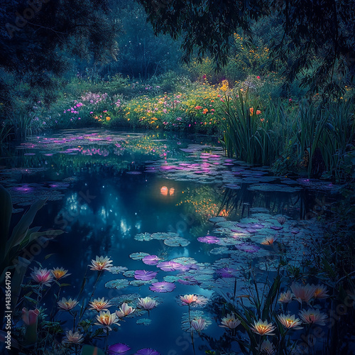 
a breathtaking photo, nighttime, moonlight, ethereal glow, featuring a vibrant and colorful pond, , soft reflections of the surrounding landscape