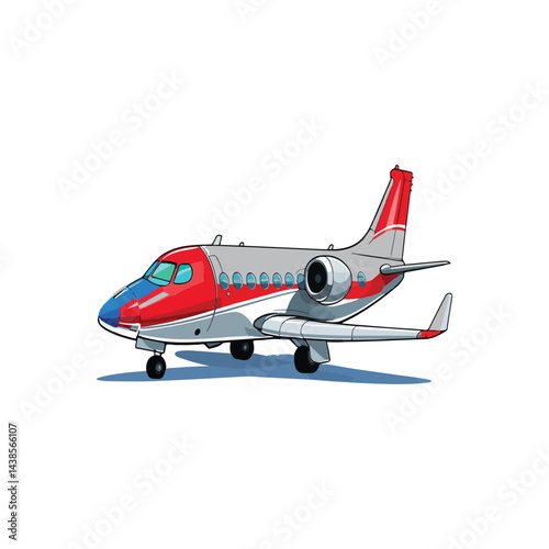 Cartoon airplane, colorful passenger aircraft, propeller plane, red and white livery, blue nose cone, round windows, stylized illustration.