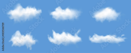 Realistic clouds. 3D white cloud set with fluffy clouds floating in blue sky, isolated cumulus cloud on summer cloudy background. Vector set