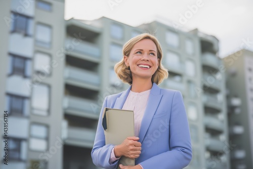 Free Download A woman in a blue suit holding a folder and smiling. She is standing in front of a building - GFXLoad