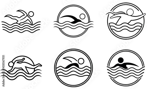 Swimming Icons in a Simple Line Art Style