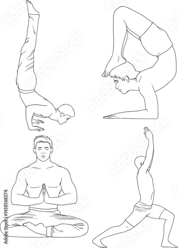 man doing yoga, yogi set of vector outline illustration