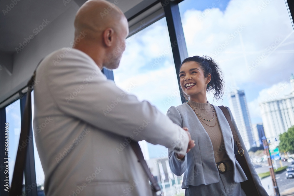 Fototapeta premium Business people, handshake and lawyer in office with introduction for partnership, greeting or collaboration. Merger, teamwork and attorney woman with man shaking hands for deal, trust or agreement