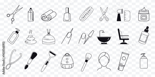 Salon and spa essential icon set including chair, scissors, hairdryer, beauty tools, and skincare items, ideal for beauty branding, spa design, web icons, and professional marketing.