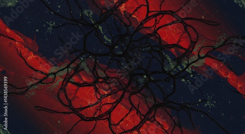 Abstract Artwork with Black Branches Over Red and Blue