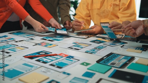 A diverse team engages in a dynamic design session, crafting wireframes and prototypes for mobile and web applications on a collaborative table filled with digital devices. SACTR photo