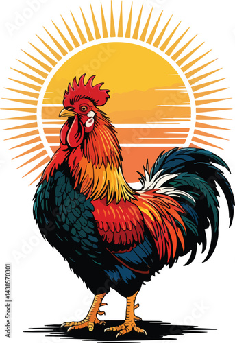 rooster art design with sun illustration stock photos