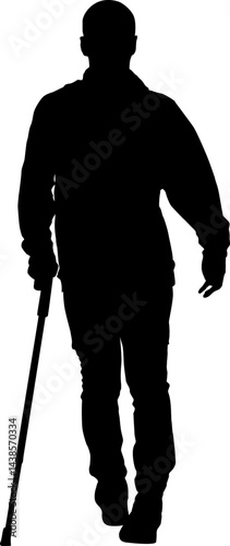 Man disabled walking with cane crutch isolated silhouette