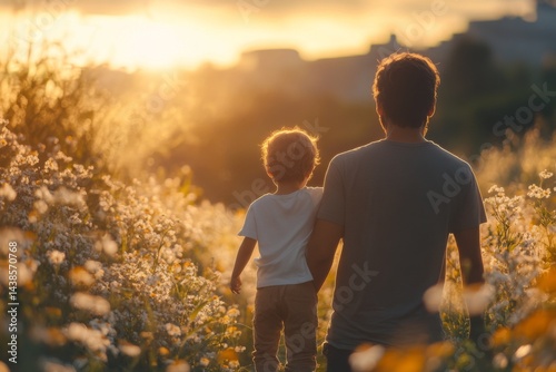 Father and son walking together at sunset holding hands