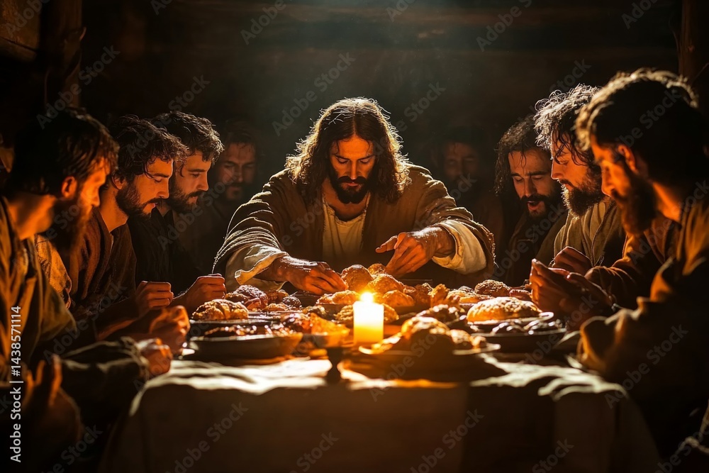 Fototapeta premium Group of people gathered around table sharing traditional meal in warm candlelit setting