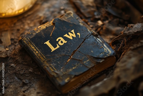 Weathered law book lying on forest ground surrounded by dry leaves