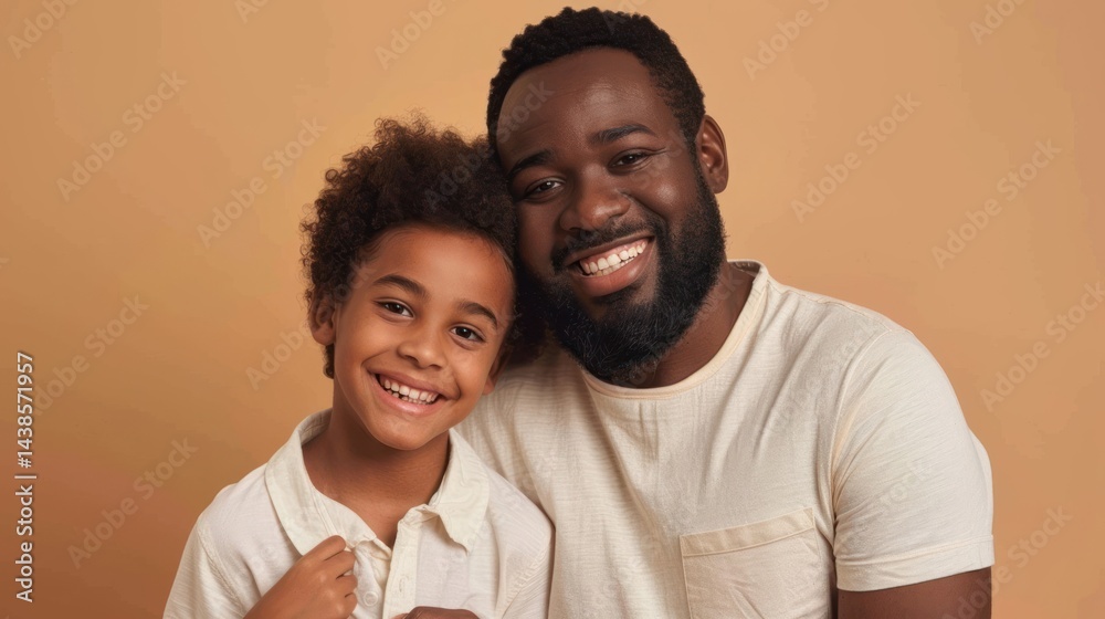 father and son smiling at camera and hugging while father and son smiling at camera and hugging while