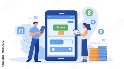Mobile banking app, couple managing finance, coins, online transaction