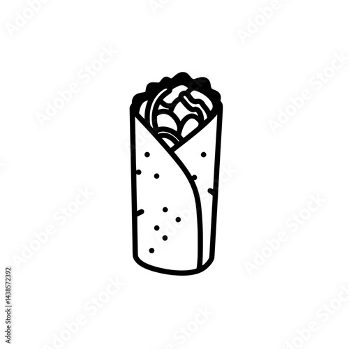 Burrito in the Style of Line Art: A minimalist black and white rendering captures the essence of a flavorful burrito, showcasing its ingredients within a tightly wrapped tortilla.