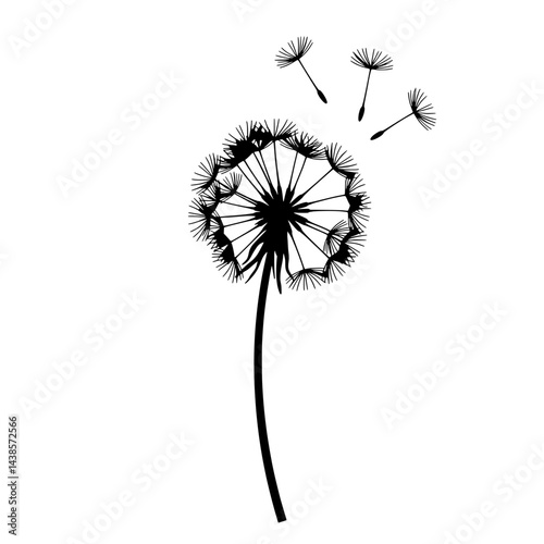 Dandelion Wish: A delicate and intricate black silhouette captures the ephemeral beauty of a dandelion clock, with seeds gently drifting away on the breeze, creating a sense of whimsy and freedom.