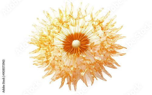 Close up of single dandelion puff glowing in golden sunlight, captured in delicate detail isolated on white background PNG