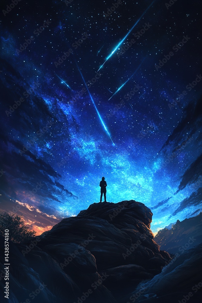 Fototapeta premium Close-up silhouette of person observing meteors over rocky hill at night