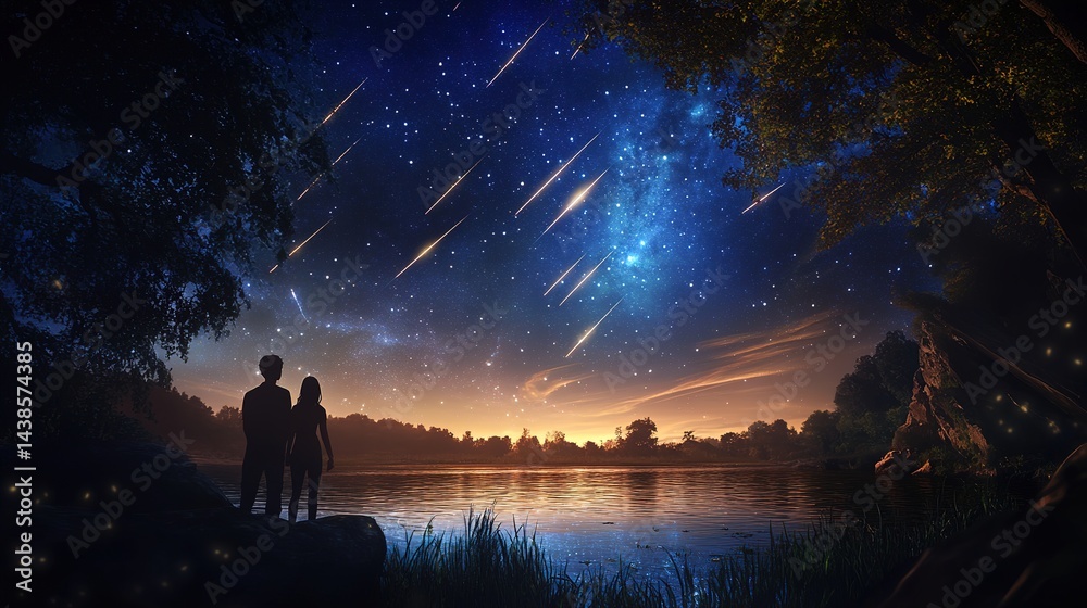 Fototapeta premium Wide night sky with meteors over tranquil forest river and stargazing couple