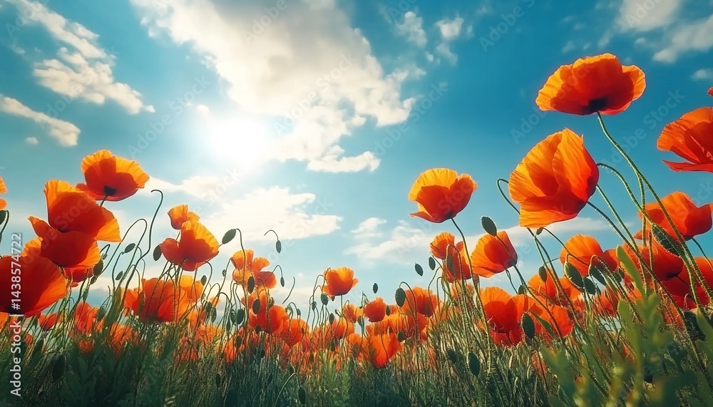 Obraz premium Field of orange poppies under blue sky with white clouds.