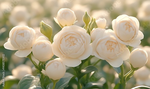Blooming White Roses in Garden Close-up with Soft Light and Greenery