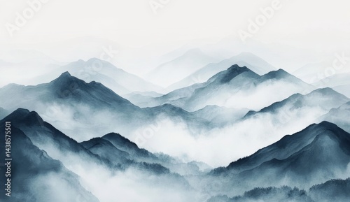 Misty mountain range.  Soft, serene, and atmospheric view of a misty mountain range