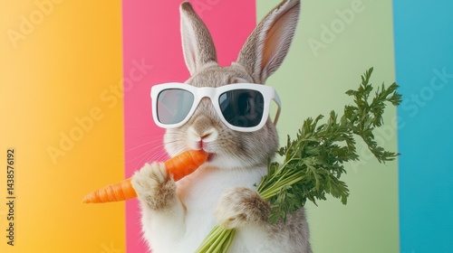 Cute rabbit wearing sunglasses eats carrot against colorful background.