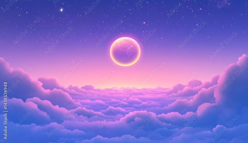 A vibrant, pastel-colored landscape of clouds, a full moon, and a starry night sky A vibrant, pastel-colored landscape of clouds, a full moon, and a starry night sky