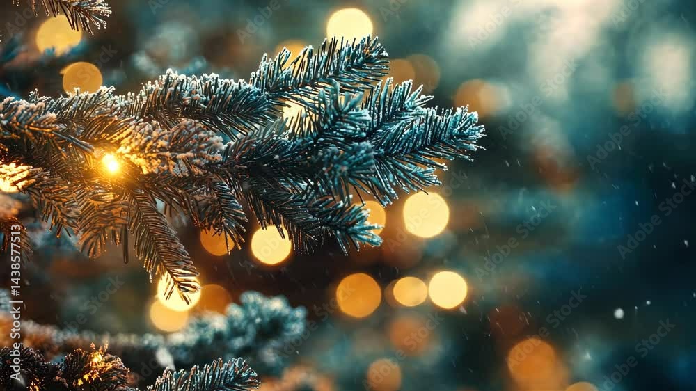 Christmas tree branches glowing with festive lights in falling snow