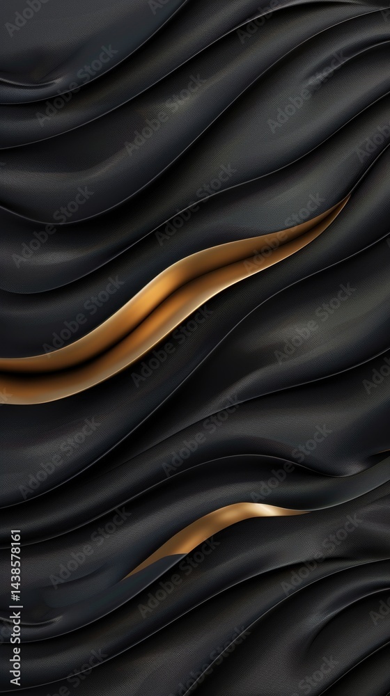 Fototapeta premium Intricate lines pattern showcasing a top view of textured carbon materials with gold accents highlighting smooth waves and dark shades