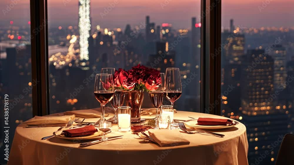 Romantic sunset dinner with city skyline view from highrise restaurant Romantic sunset dinner with city skyline view from highrise restaurant