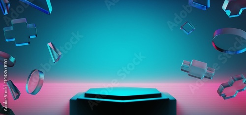 3d illustration rendering of y2k 2000s gamer technology futuristic fantasy metaverse cyberpunk sci-fi display podium abstract background neon-glow
