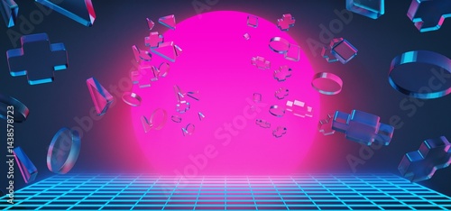 3d illustration rendering of y2k 2000s gamer technology futuristic fantasy metaverse cyberpunk sci-fi display podium abstract background neon-glow