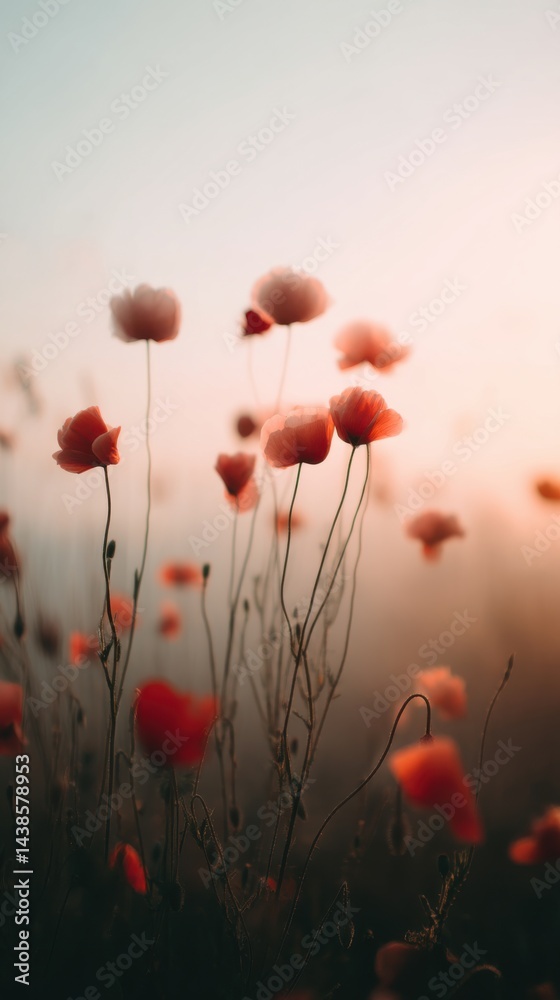 Fototapeta premium Poppy Field in Soft Focus with Pastel Sky and Golden Haze