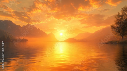 A sunset lake background with still waters, golden sky, and soft light reflections