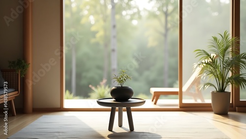 Minimalist Japanese-Style Room with Black Pot on Grey Table – High-Resolution Interior Stock Photo